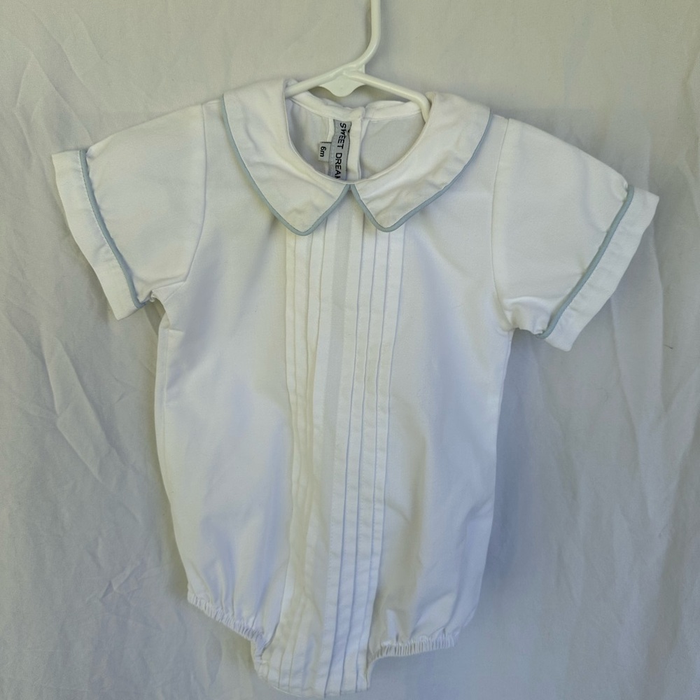 Sweet Dreams White Bubble Romper with Light Blue Piping